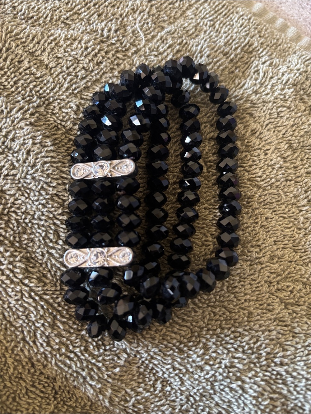 Black Faceted Bead Stretch Bracelet with Silver Accent